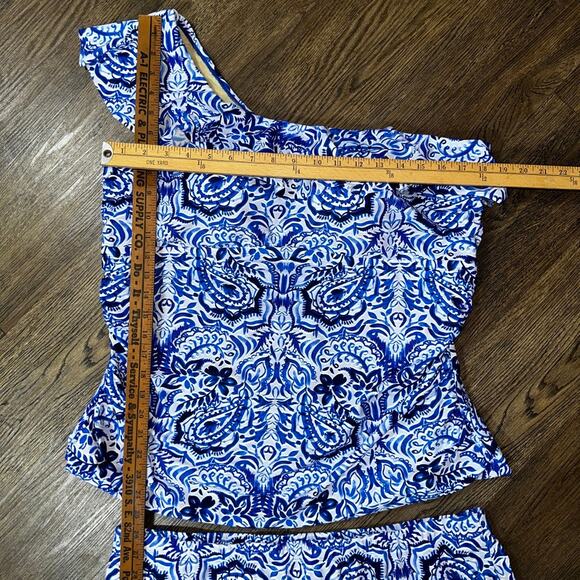 SWIMSUITS FOR ALL One Shoulder Tankini sz 22 Blue Batik Style Ruffle 2pc - Picture 11 of 12
